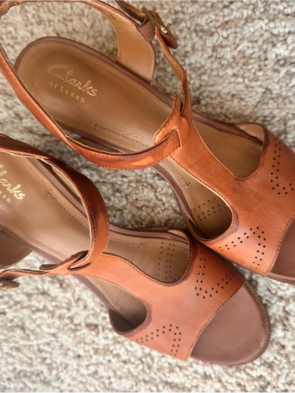 Clarks Cognac Brown T-Strap Block Heel Sandals
